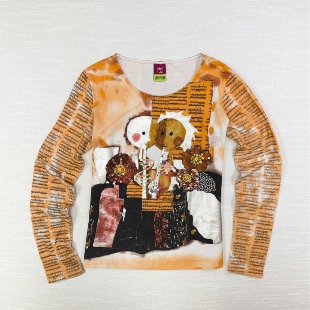 Rare Save The Queen Italy Art Print Top Sequin graphic Y2K Womens M Abstract